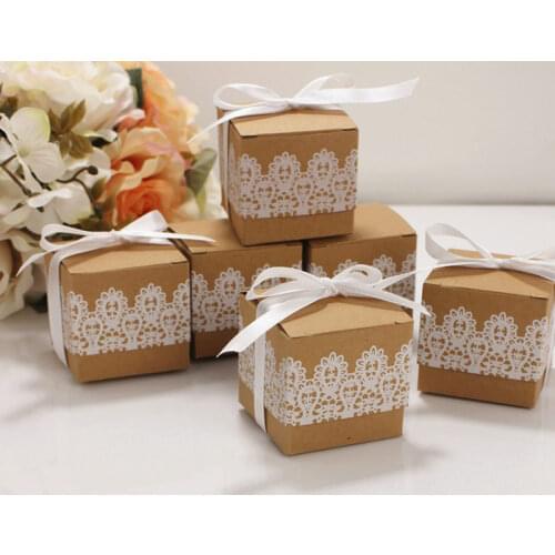 20pcs/lot Kraft Box Wedding Favour Candy Gift Boxes Packaging Cookies Dragees Cake Box With Lace