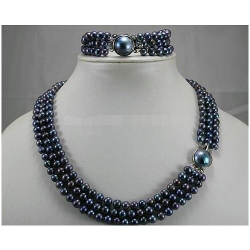 3Row Genuine Black 6-7MM Pearls Mother of Pearl Clasp Necklaces 17" Bracelets 7.5" Sets