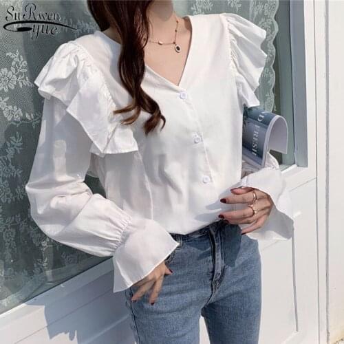 Korean Long Sleeve Loose White Womens Shirt Ruffled Latern Sleeve Cotton Fashion Women Blouses V-neck Office Lady Style 12011