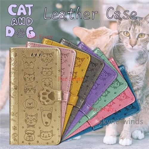 For OPPO A16 F19 cute cat and dog embossing leather magnetic case flip wallet stand cover for OPPO A 16 F 19 coque fundas casing