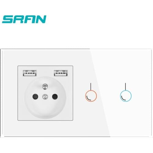 SRAN French Touch Sensor Switch With Socket With USB Crystal Glass 146*86 220V 16A Wall Socket With Light Switch 1/2/3 Gang