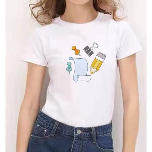 White T Shirt Stationery Graphic Print Women Summer Short Sleeve Fashion Female Clothing Ladies Girls Top T-Shirts Streetwears