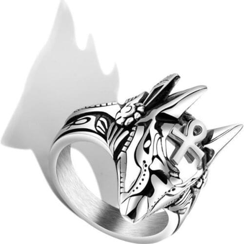 Punk Style Alloy Unisex Ring Wedding Band Anillos Hip Hop Jewelry Simple Ancient Egypt Anubis Death Wolf Head Rings for Men Gift
