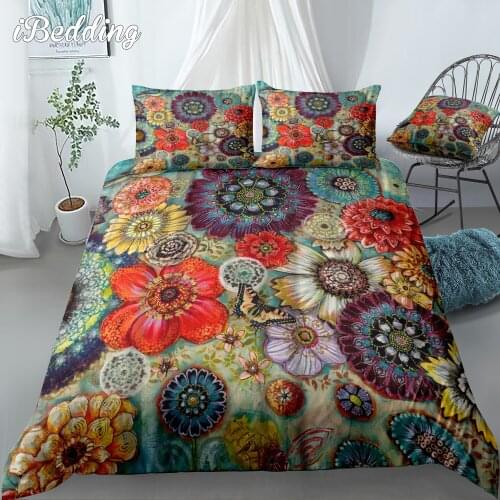 Blue Bird Boho Bedding Set Luxury Floral Bonemian Poppies Duvet Cover 2/3Pcs for Women Bedroom Decor Size Twin Full Queen King