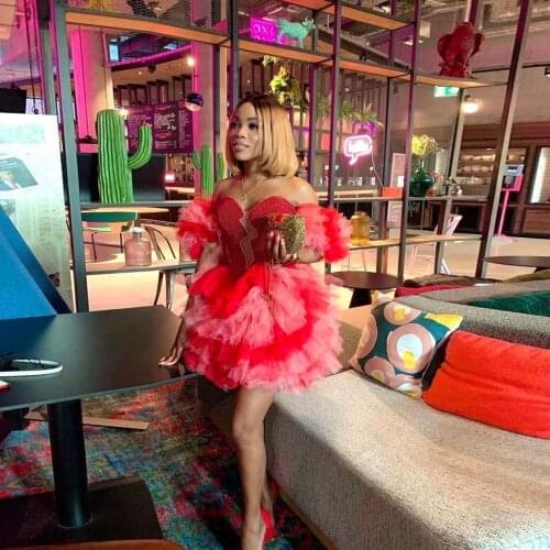 Red Fashion Sexy Women Dress Heart Tulle Ruffle Layered Strapless Mini Dress Pearls Evening Dress Plus Size Custom Made