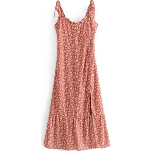 Merodi Women Vintgae Spaghetti Strap Ruffles Red Long Dresses New Spring Fashion Floral Print High Waist Elastic Back Dress Chic