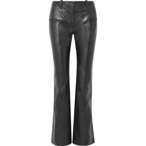 Fashion Brand longer length sheep pu leather pants 2020 autumn Womens High package hip Quality Slim Flare Pants wj2862 dropship