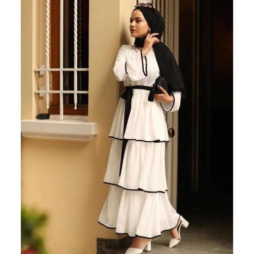 Fashion cake style Cascading muslim Robes syari Dubai Fashion female full length ruffles Abaya Muslim Dress Robe with belt F1604