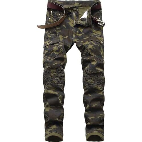 Mcikkny Fashion Mens Cargo Motorcycle Denim Trousers Military Style Biker Jeans Pants Multi Pockets