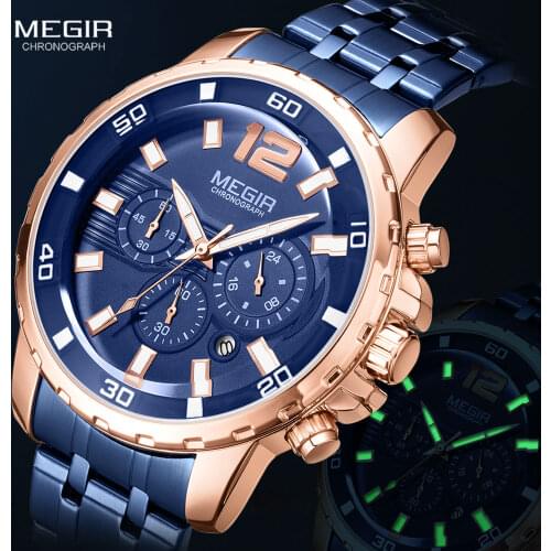MEGIR 2020 New Watches Men Stainless Steel Strap Blue Watch for Man Luxury Waterproof Chronograph Wristwatch Luminous Relogio