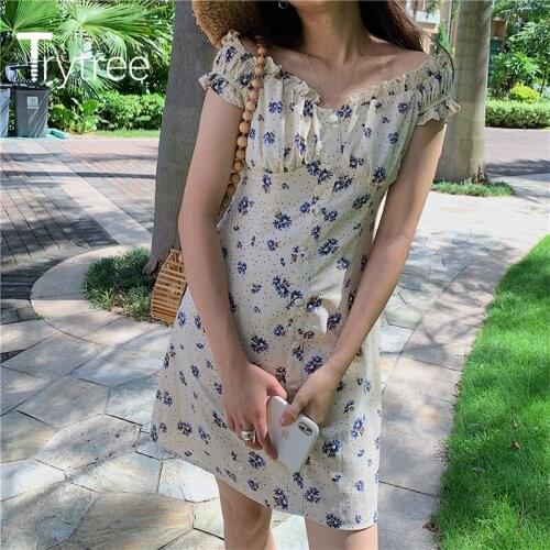 Trytree 2020 Summer Woman Casual Dress V-neck Button Ruffles High Waist Print 2 Color Temperament Elegant A-line Mini Dress