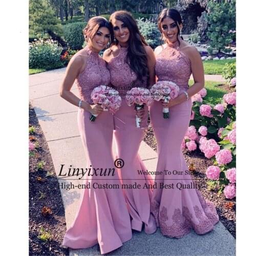 Generous Lace Mermaid Bridesmaid Dresses Halter Neck Beaded Wedding Guest Dress Maid Of Honor Gowns robe mariage femme