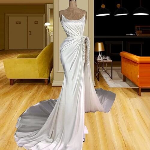 Ruched Beaded High Slit White Satin Elegant Dress for Women do baile de finalistas vestidos de fiesta largos elegantes de gala