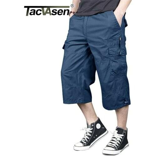 TACVASEN Mens Tactical Cargo Long Shorts Below Knee Length Multi Pocket 3/4 Capri Pants Summer Loose Twill Cargo Work Pants