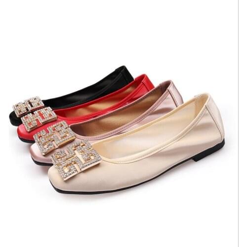 Rhinestone womens flat shoes 2020 autumn square toe shallow mouth casual scoop shoes peas shoes plus size womens shoes