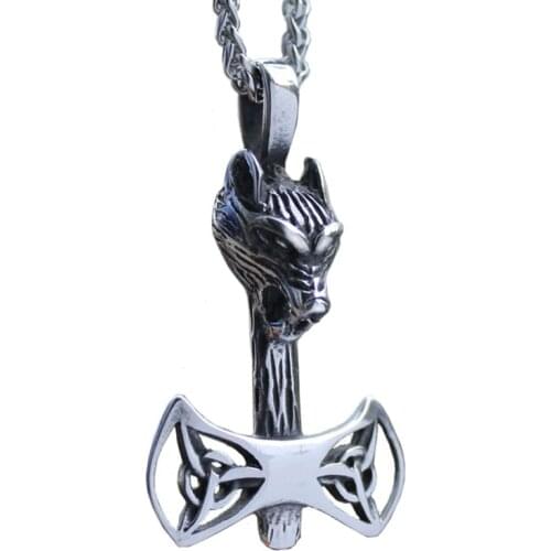 Vikings Wolf Double edged axe Necklace Pendant werewolf Trinity symbol Viking Battle Axe Necklaces women MEN boys women gift