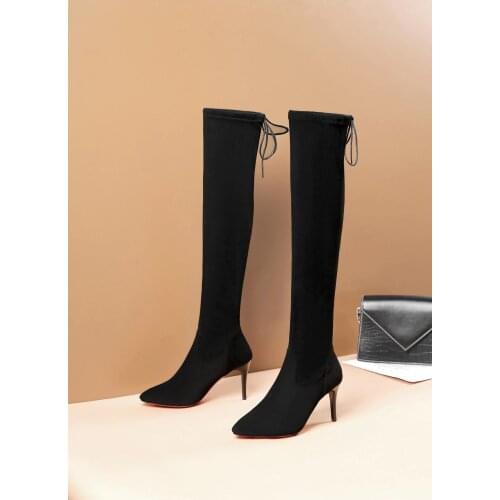 Faux Suede Stretch Thigh High Boots New Sexy Elastic Slim Over The Knee Boots Womens Fashion High Heels Black Fetish Long Shoes
