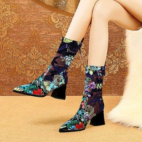 Womens Autumn/winter Single Boots 2021new Style Plus Cashmere Middle Heel Middle Boots National Style Embroidered Elastic Boots