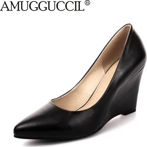 2021 New Real Leather Plus Big Size 33-40 Black White Fashion Sexy Wedges Spring Autumn Females Lady Women Shoes Pumps D1034