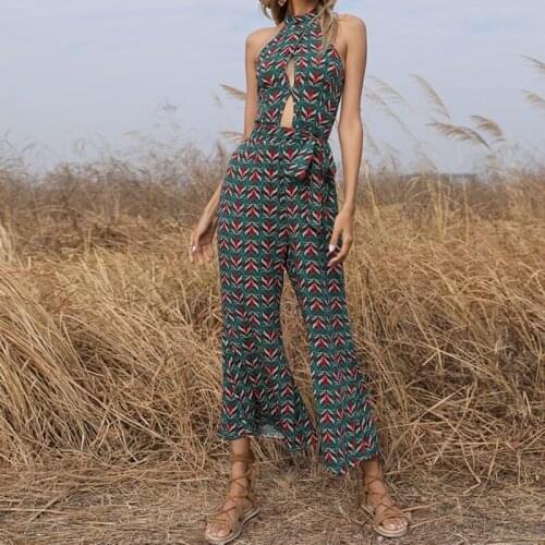 Halter Print Casual Jumpsuit Sleeveless Backless Lace Up Jumpsuits 2021 Summer Fashion Wide Leg Loose High Waist Women Jumpsuit