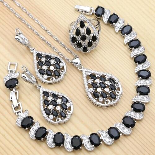 Black Cubic Zirconia White Crystal 925 Silver Jewelry Sets for Women Punk Ring Bracelet Necklace Pendant Earrings Set