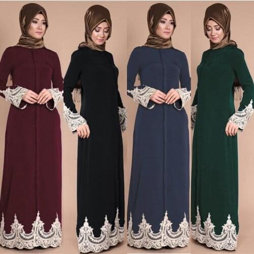 Ladies Full Button Lace Robe Muslim Solid Color Round Neck Long Sleeve Sleeve Printed Long 2021 Summer Dress