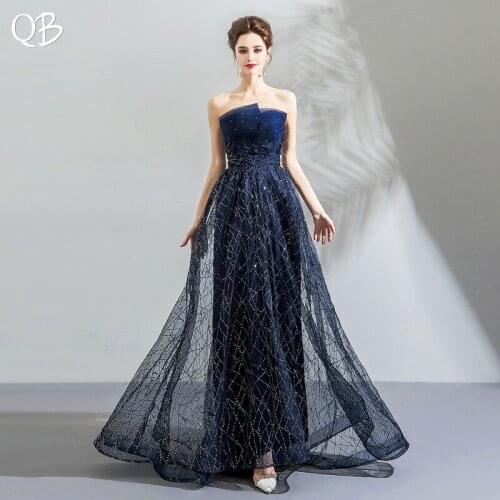 2020 New Fashion A-line Strapless Sequin Tulle Sequins Dark Blue Evening Dresses Long Formal Vintage Evening Gowns XK20