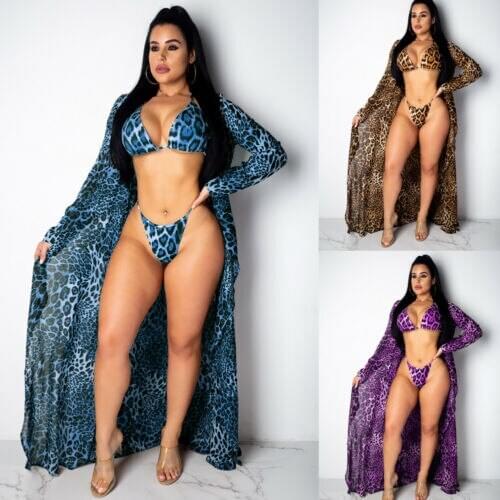 3PCS Swimwear Women Leopard Print Bikini Beach Wear Bikini Set Swimwear+Cover Up Candigan Bathing Suit