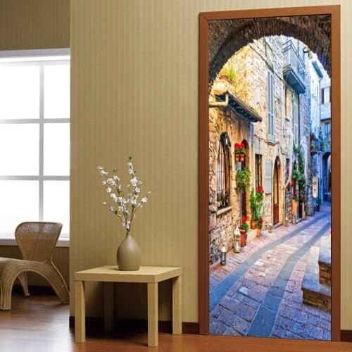 3D Door Wallpaper Italian Town Street View Door Sticker Photo Wall Paper Mural PVC Waterproof Self Adhesive Papel De Parede 3D