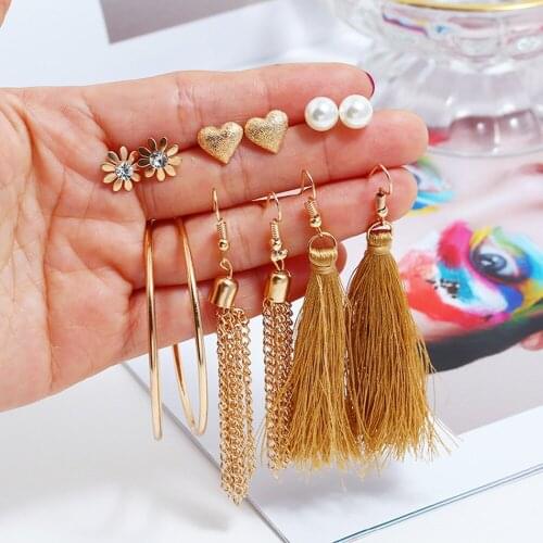 6Pairs/Set Bohemian Heart Leaf Long Tassel Drop Earrings For Women Girl Fashion Fringe Tassel Thread Earring New Year Gift