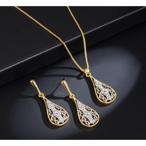 Baroque Vintage Rhinestone Inlaid Hollow Metal Water Drop Pendent Earrings Necklace Set Korean Neck Ear Jewelry Sets for Women
