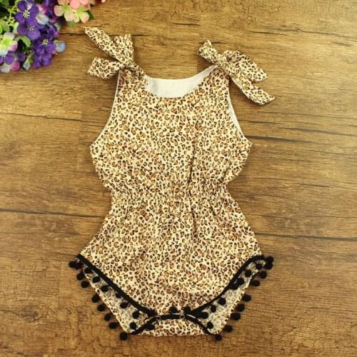 Free shipping Ruffled baby girls Cotton Sunsuit leopard Rompers child bubble playsuit print Jumpsuit Cotton Romper with balls