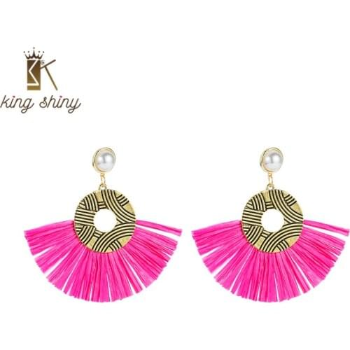 King Shiny Ethnic Bohemian Lafite Dangle Earrings Vintage Hand Made Geometric Semi-circle Tassel Earring Girl Party Ear Jewelry
