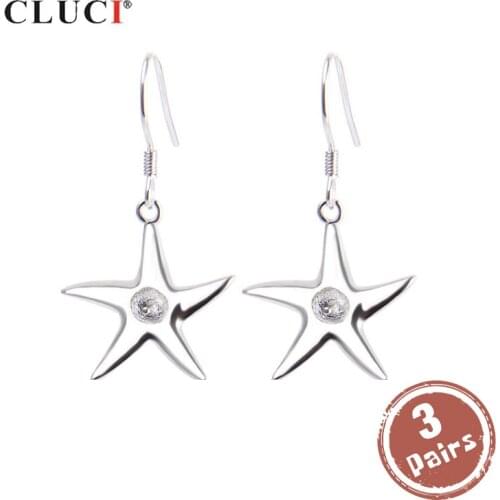 CLUCI 3 pair wholesale Silver 925 Drop Earrings Fine Jewelry Pearl Earrings Mounting 925 Sterling Silver Star Earrings SE001SB