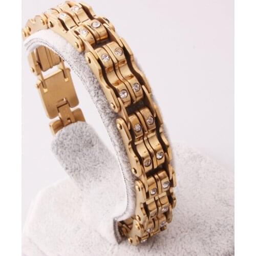 Fitness Hipper Stainless Steel Gold Tone Crystal Bicycle Link Chain Cuff Bangle Bracelet Fashion Mens Boys Daily Jewelry 10.66mm