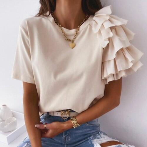 Summer Fashion Sexy Patchwork Ruffle Slim T-Shirt Women Short Sleeve Tees Casual Solid Ladies O-Neck Black White Streetwear Tops