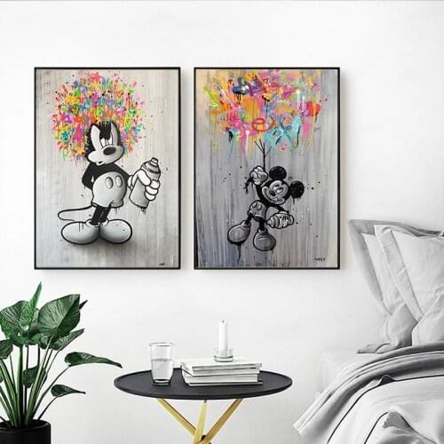 Graffiti Art Black And White Cartoon Mickey Mouse Canvas Poster And Prints Creative Pictures Wall Art For Living Room Decor