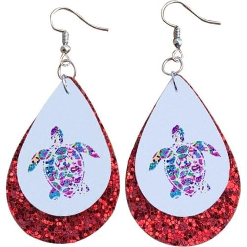 Wondrous Faux Leather Cactus Decal Patterned Sea Turtle Earrings