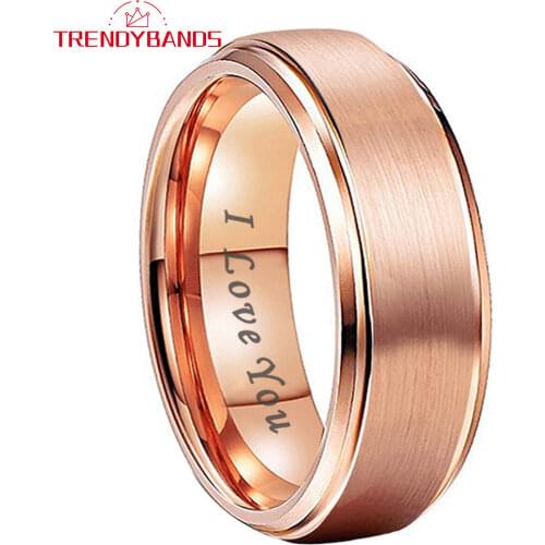 Mens Womens Tungsten Carbide Ring Rose Gold Wedding Band Stepped Beveled Edges Brushed Finish 6MM 8MM Comfort Fit