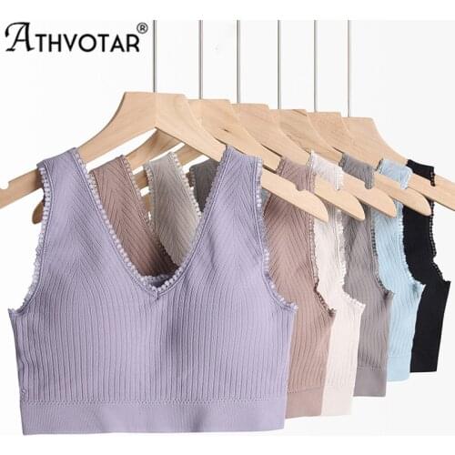 ATHVOTAR Sleeveless Women Crop Top Seamless Bralette Basic Tube Top One-Piece Striped Padded Lingerie Solid Bra