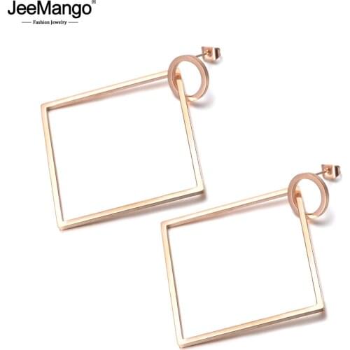 JeeMango Trendy Jewelry Punk Style Square Circle Exaggerated Earrings Rose Gold Color Stainless Steel For Women Girls JE18075