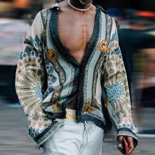 Mens Summer New Loose Large Size S-3XL Casual Retro Color Trend Print Lapel Long Sleeve Shirt