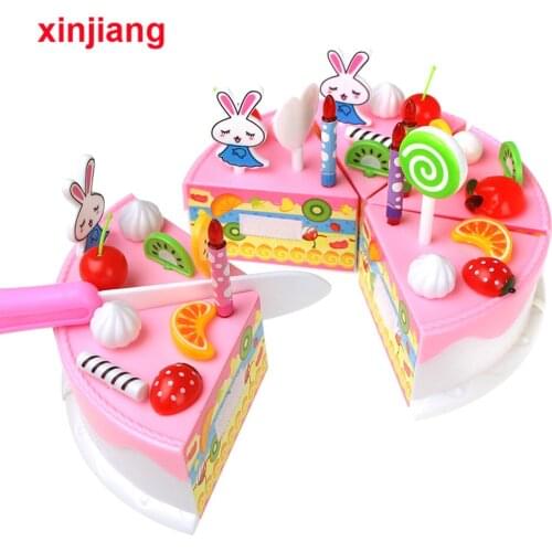 44PCS Birthday-Cake Toy Set with Candle DIY Pink Blue Cutting Fruit Food Educational Gifts for Kids Pretend Play Kitchen Toys