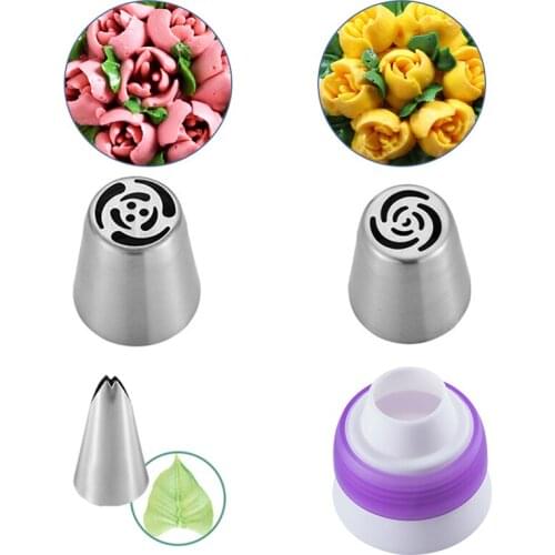 Russian Pastry 4Pcs/Set Nozzles Tulip Icing Piping Cream Nozzles Tips 1Pcs Coupler Decorating Tips Set Cake Cupcake Decorator