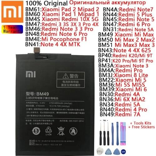 Original Battery For Xiaomi Redmi 3 3X 3Pro 4X 4 Pro 5A 5 Plus 6 Pro 6X MiA2 8 Lite 9T Pro Max 2 3 Pad 1 Mipad 2 Lite batteries