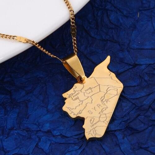 Stainless Steel Gold Color Syria Map Flag Pendant Necklaces Fashion Syrians Map Charm Jewelry