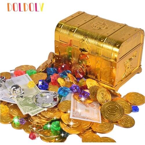 Doldoly Plastic Gold Treasure Coins Captain Pirate Party Pirate Treasure Chest Child Treasure Chest Gold Coin Toy
