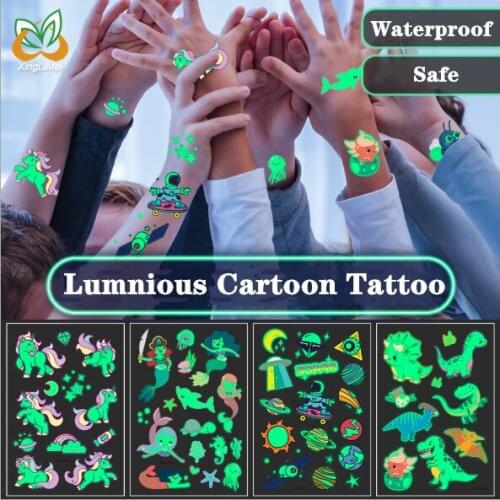 Kid Cartoon Luminous Fake Tattoo Flash Unicorn Mermaid Dinsaur Car Animal Fake Tattoo Boy Girls Body Art Tatoo Sticker Temporary
