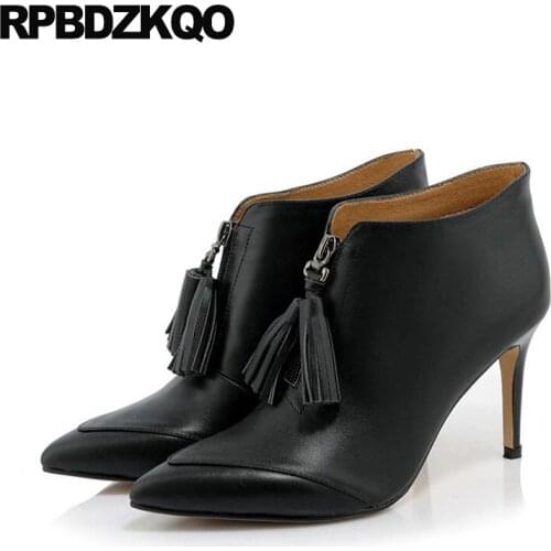 Stiletto High Heel Genuine Leather Luxury Brand Shoes Women Short Boots Black Ankle Embellished Fall Fur Ladies Pointed Toe 2017