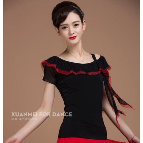 Women Latin Dance Butterfly Sleeve Top Modal Black Sexy Mesh Neck Dancer Practice Blouse YB0311